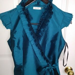 NWOT Blue Ruffle Wrap Top | Calvin Klein | L
